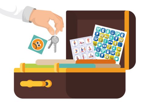 Valise ouverte contenant des outils de communication adaptée